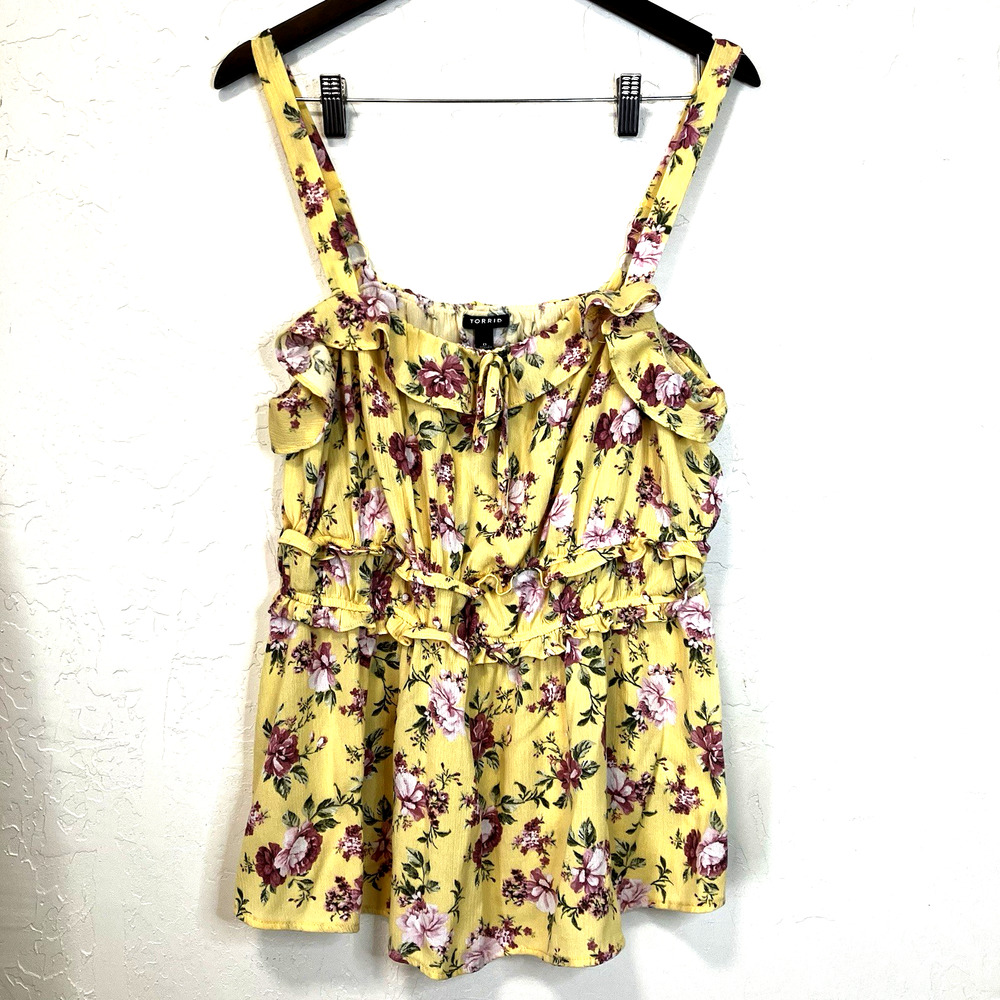 Torrid Sleeveless Floral Babydoll Top Yellow Smocked Ruffle Boho Sz 0 Cottage